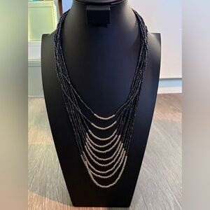 Vintage Multi-Strand Navy Blue and Gold Beaded Necklace - Women Jewelry